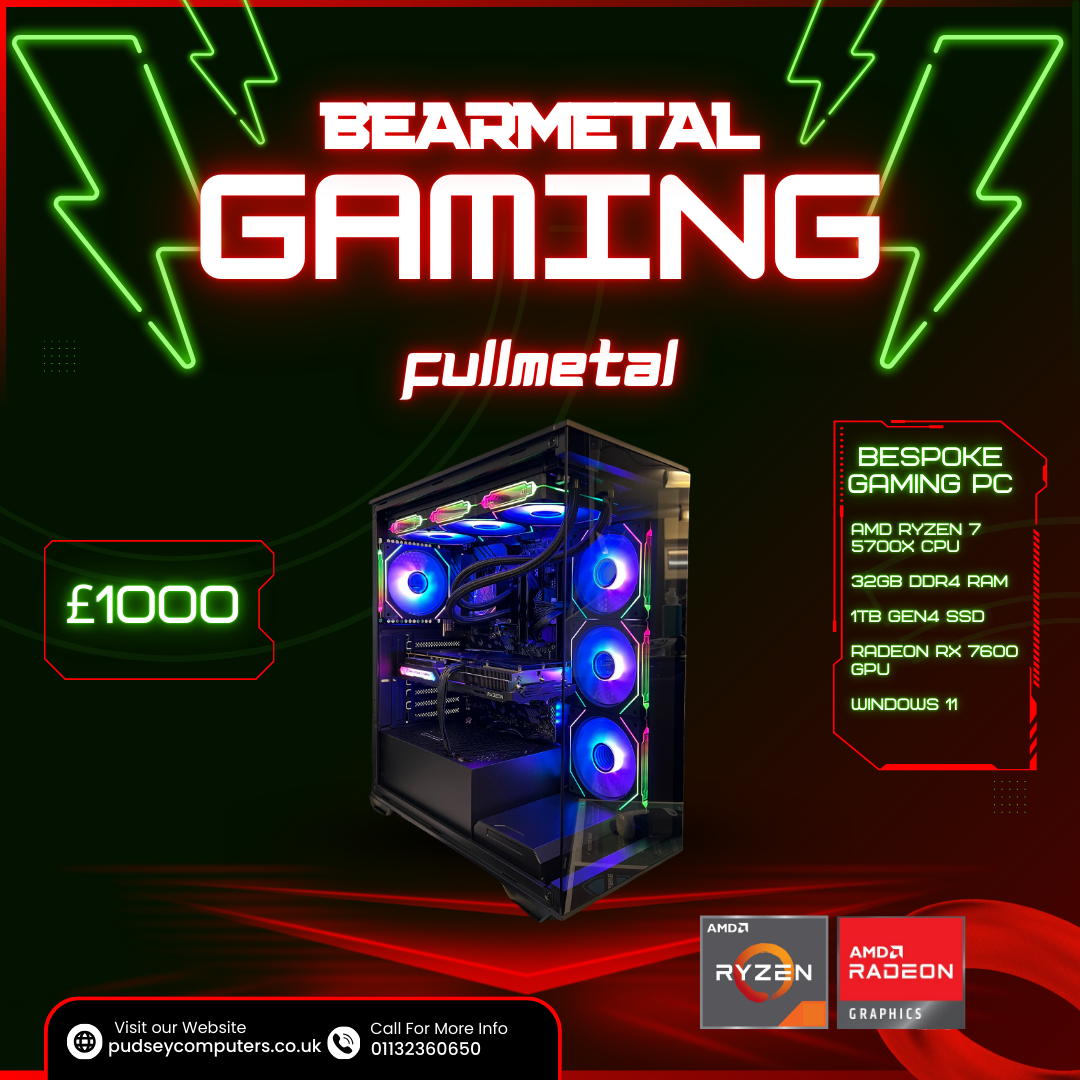 BearMetal Gaming Fullmetal - Ryzen 7 5700X, 32GB RAM, 1TB SSD, RX 7600, Gaming Desktop