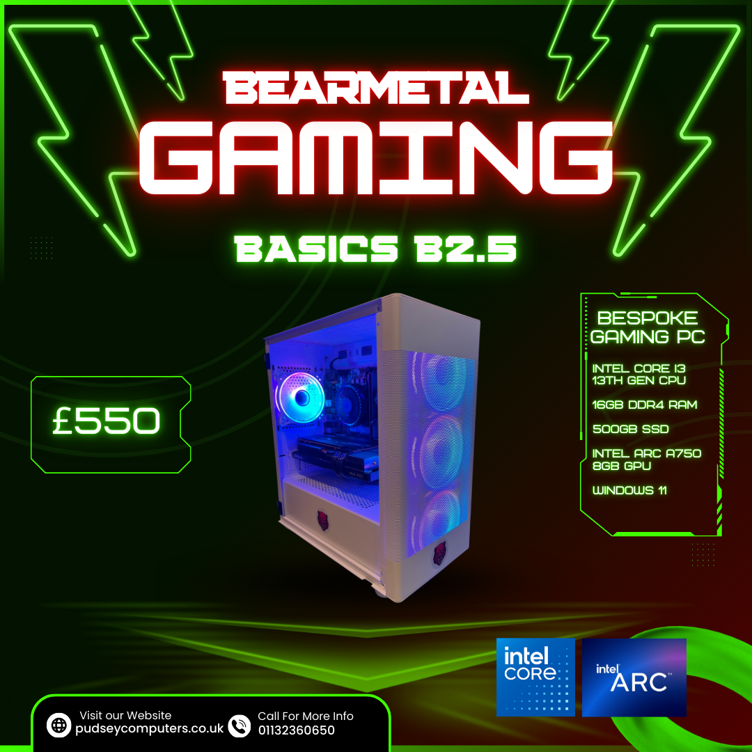 BearMetal Basics B2.5 - Intel i3th Gen, 16GB RAM, 500GB SSD, Arc A750 Graphics, Gaming Desktop