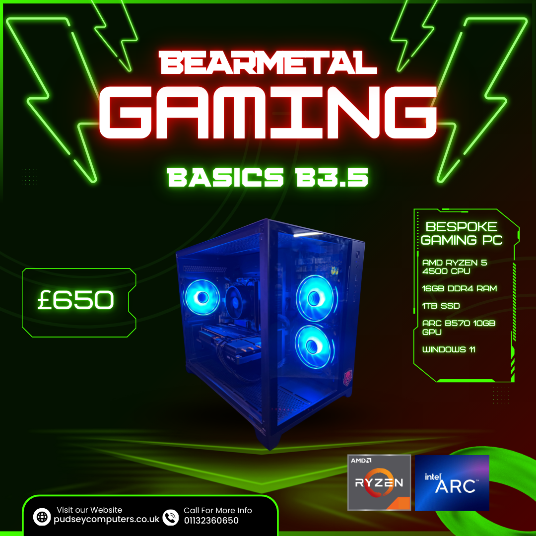 BearMetal Basics B3.5 - AMD Ryzen 5 4500, 16GB RAM, 1TB SSD, Arc B570 Graphics, Gaming Desktop