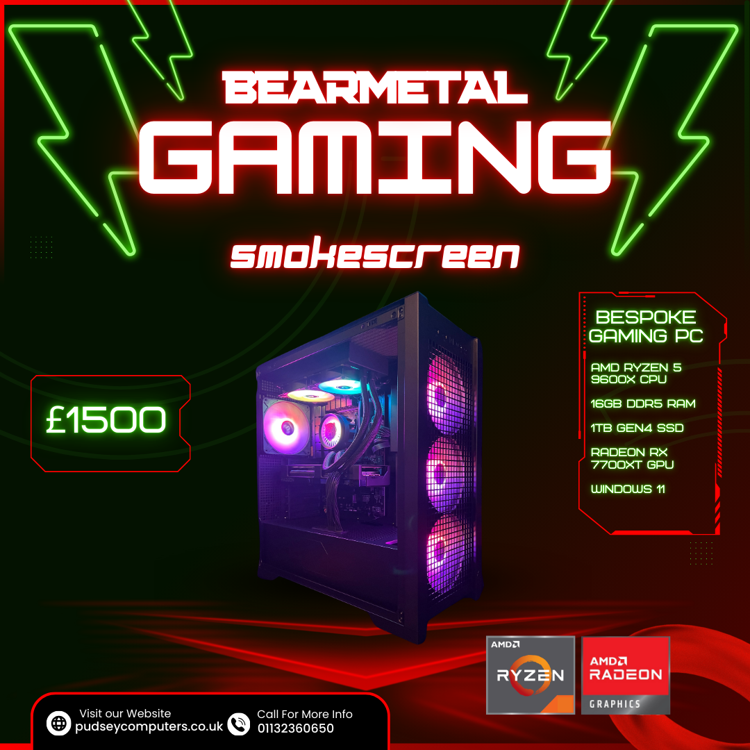 BearMetal Gaming Smokescreen - Ryzen 5 9600X, 16GB RAM, 1TB SSD, RX 7700XT, Gaming Desktop