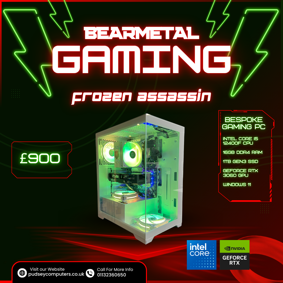 BearMetal Gaming Frozen Assasin - Intel i5 12400F, 8GB RAM, 1TB SSD, RTX 3060, Gaming Desktop