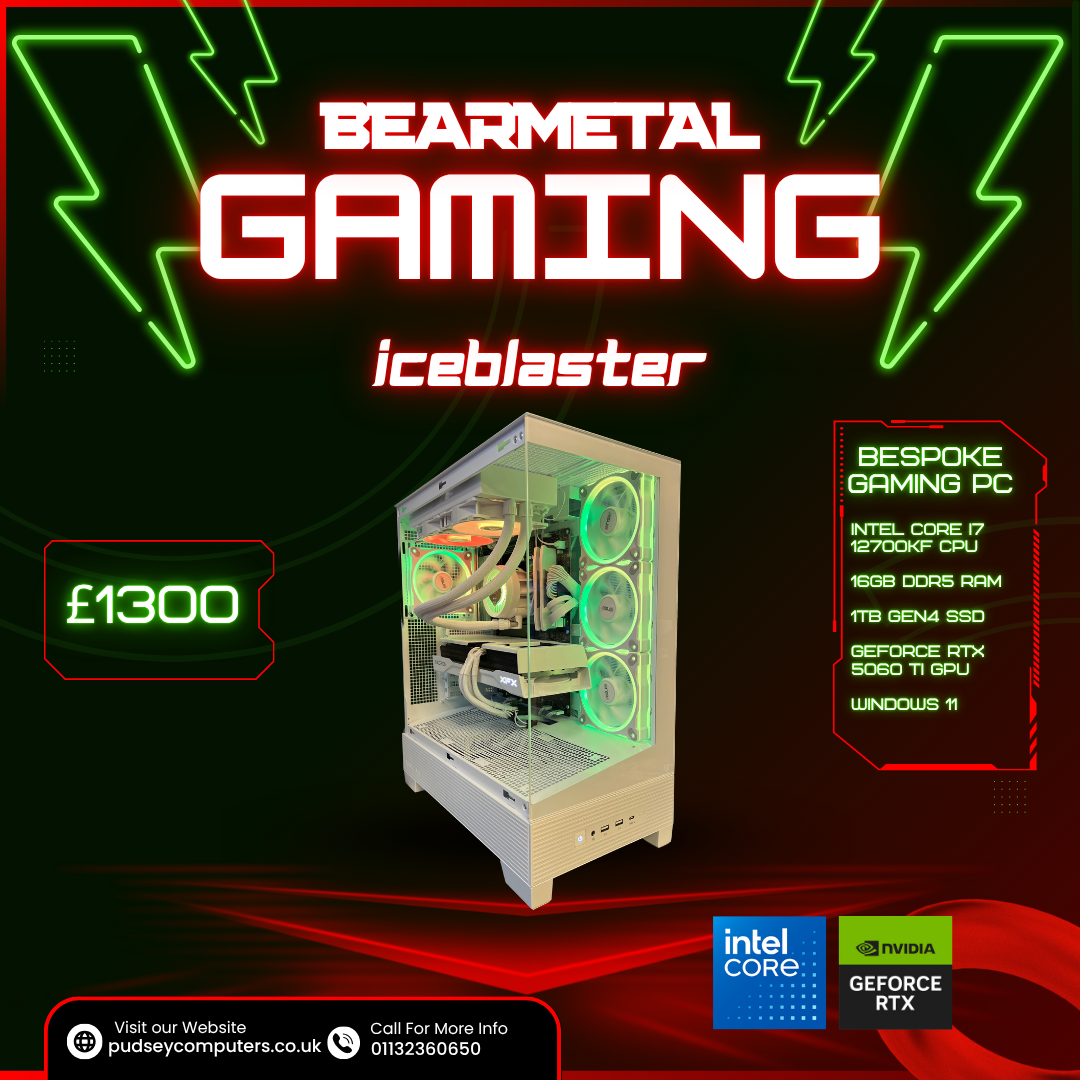 BearMetal Gaming Iceblaster- Intel i7 12700KF, 16GB RAM, 1TB SSD, RTX 5060 Ti, Gaming Desktop