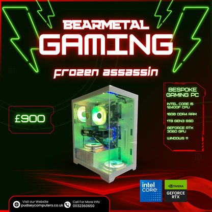 BearMetal Gaming Frozen Assasin - Intel i5 12400F, 8GB RAM, 1TB SSD, RTX 3060, Gaming Desktop